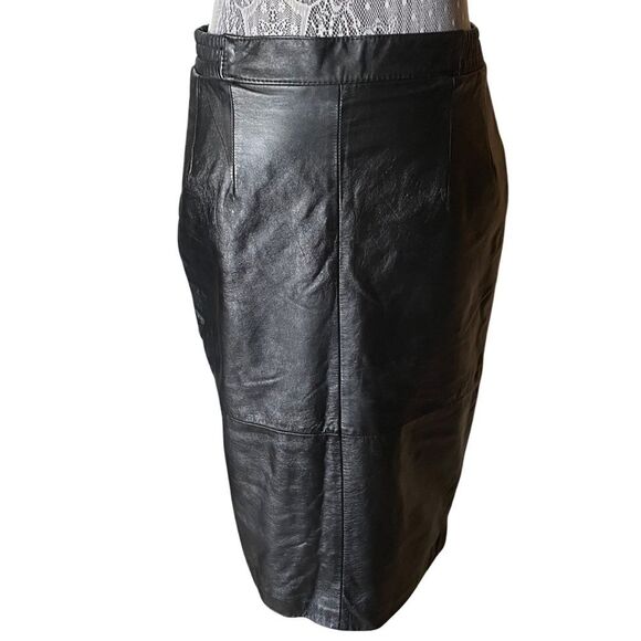 VINTAGE Diversity Genuine Leather Pencil Midi Skirt Black - Picture 3 of 9